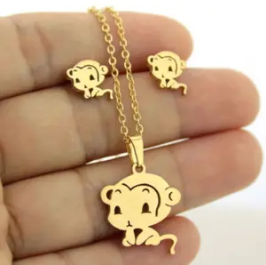 Stainless Steel Curious Monkey / Cuddly Teddybear Necklace & Earrings Set