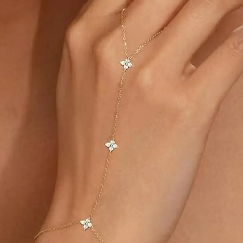 Bracelets for Women Gold Silver Plated Ring Bracelet Hand Chain Dainty Evil Eye Heart Clover Daisy Cubic Zirconia Stackable Link Chain Hypoallergenic Body Jewelry Casual Trendy Jewelry Cute Fashionable Bracelet Gifts