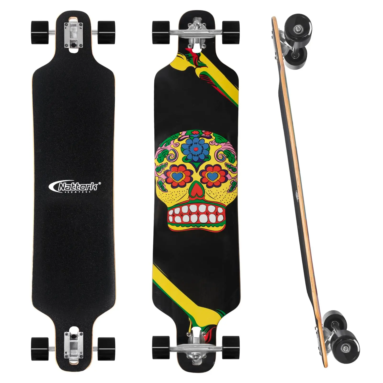 Hybrid Maple Bamboo Longboard Complete for Beginners Teens Adults, Dual Kicktail All-Round Skateboard for Casual Cruising with T-Tool