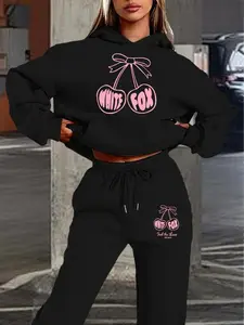 Hooded Sweatshirt Set, Fall Winter Trendy Cherry & Bow Print, Sweet Style, Comfortable Daily Wear, Loose Fit1Q9I