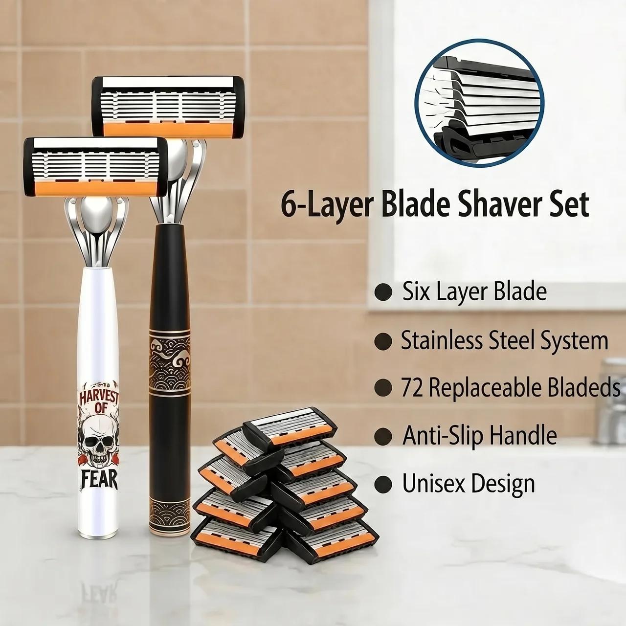 Men's Manual Shaving Razor Set with 2 Handles and 72 Replacement Blades Precision Stainless Steel Blades Smooth Shave Grooming Kit Gift for Men