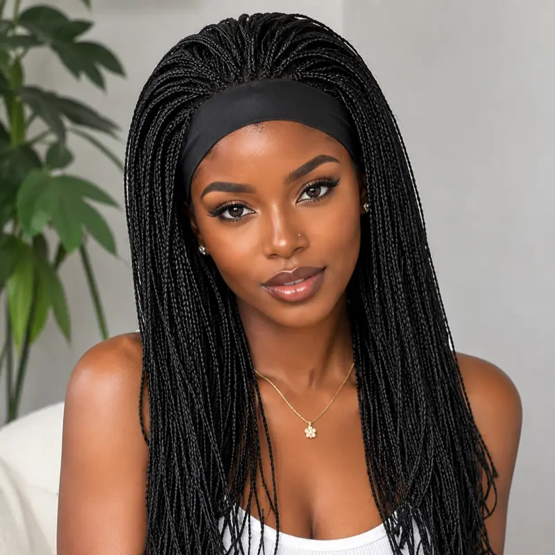 ZIHAN Women's 20-Inch Box Braid Headband Wig - Heat-Resistant Long Synthetic Glueless Ready-to-Wear Crochet Wig, Natural Black Protective Style for Daily Use