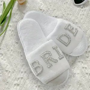 Sparkling Bride Slippers 1 Pair Sparkling Bride Slippers - Soft Polyester, Perfect for Weddings, Bridal Showers, And Party Decor, Wedding Slippers | Glittery Embroidery | Polyester Slippers, Bride Accessories for Party Supplies Home Footwear