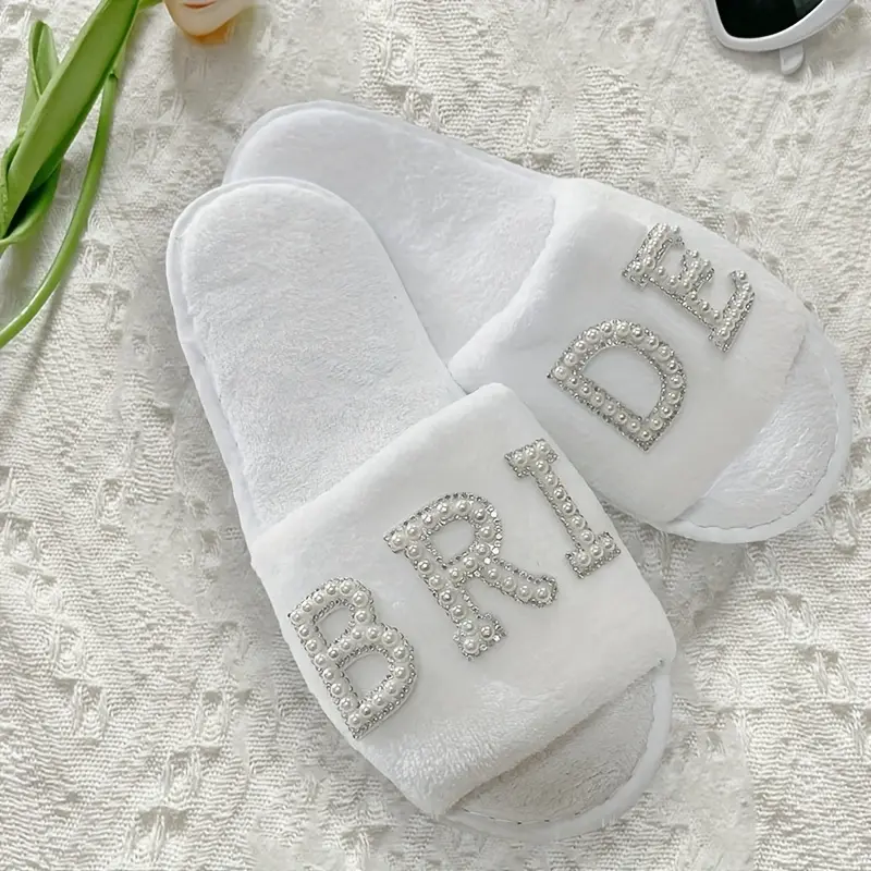 Sparkling Bride Slippers 1 Pair Sparkling Bride Slippers - Soft Polyester, Perfect for Weddings, Bridal Showers, And Party Decor, Wedding Slippers | Glittery Embroidery | Polyester Slippers, Bride Accessories for Party Supplies Home Footwear