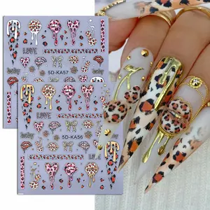 2 Pcs Leopard Print 3D Nail Stickers, Heart Cherry Classic Elegant Design, DIY Self-Adhesive Nail Art Decals for Women and Girls, Nail Art Supplies