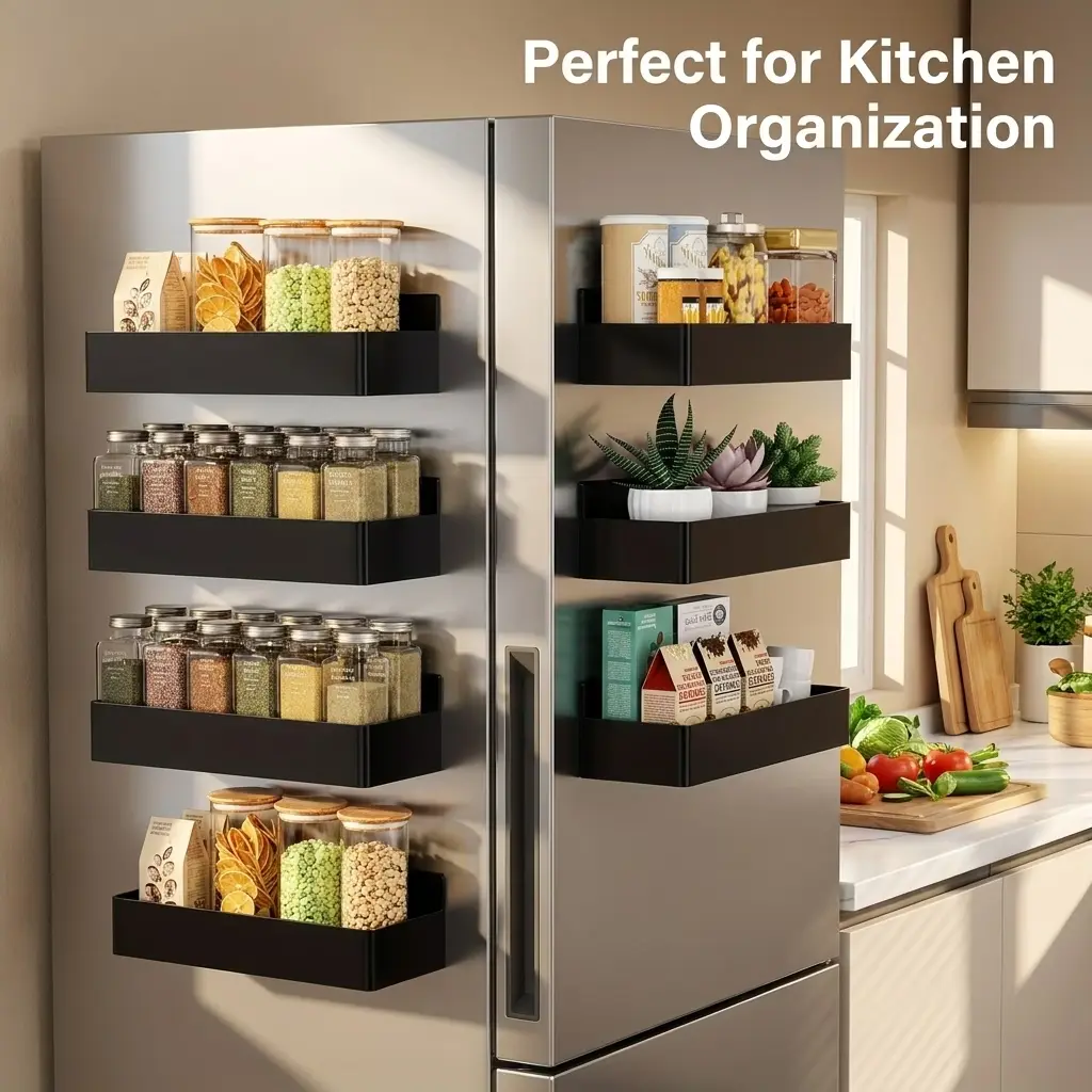 4pcs Multi-Functional Magnetic Kitchen Organiser Set - No-Hole Storage Solution, Spice Holder, Towel Holder, Utensil Rack with 4 Hooks, Adjustable Standing Shelf, Space-Saving Kitchen Accessories with Easy Installation