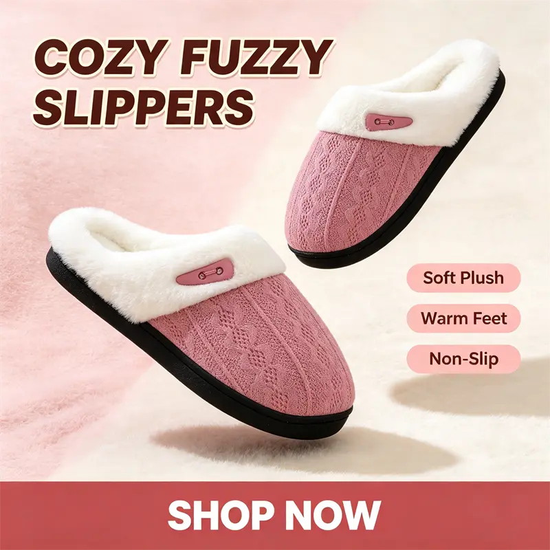 Cozy Women Open Back Mule Slippers Thick Plush Fleece Lined Cable Knit Indoor Slippers Anti-Slip Sole Warm Winter House Footwear Lightweight Comfort Lounge Slippers