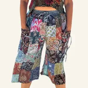 Cotton Patchwork Long Shorts – Unisex Hippie Festival Boho Style Pants with Pockets, Lightweight Casual Bottoms for Men & Women