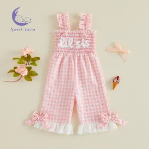 Toddler Girls Summer Overalls Plaid Print Letter Embroidery Sleeveless Square Neck Long Pants Romper