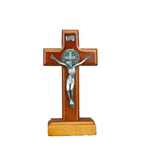 Saint Benedict Standing Cross, 4.3 Inch Wooden Catholic Decorative Desktop Cross, Silver Color Body, Retro Style, Traditional Design, Wooden Cross Decorations, Religious Home Decor