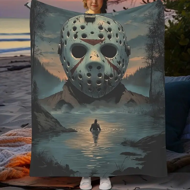 1pc Horror-Themed Flannel Fleece Blanket - Soft Polyester Jason Voorhees Design, Perfect for Home Decor, Halloween Use, Unisex Gift, Spooky Plush Movie Blanket, Flannel Fleece Blankets