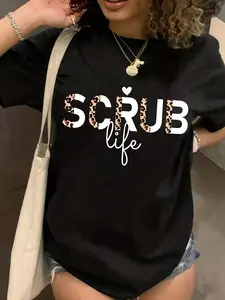 Women's "Scrub Life" Leopard Print Nurse Graphic T-Shirt, Black Cotton Short Sleeve Casual Tee