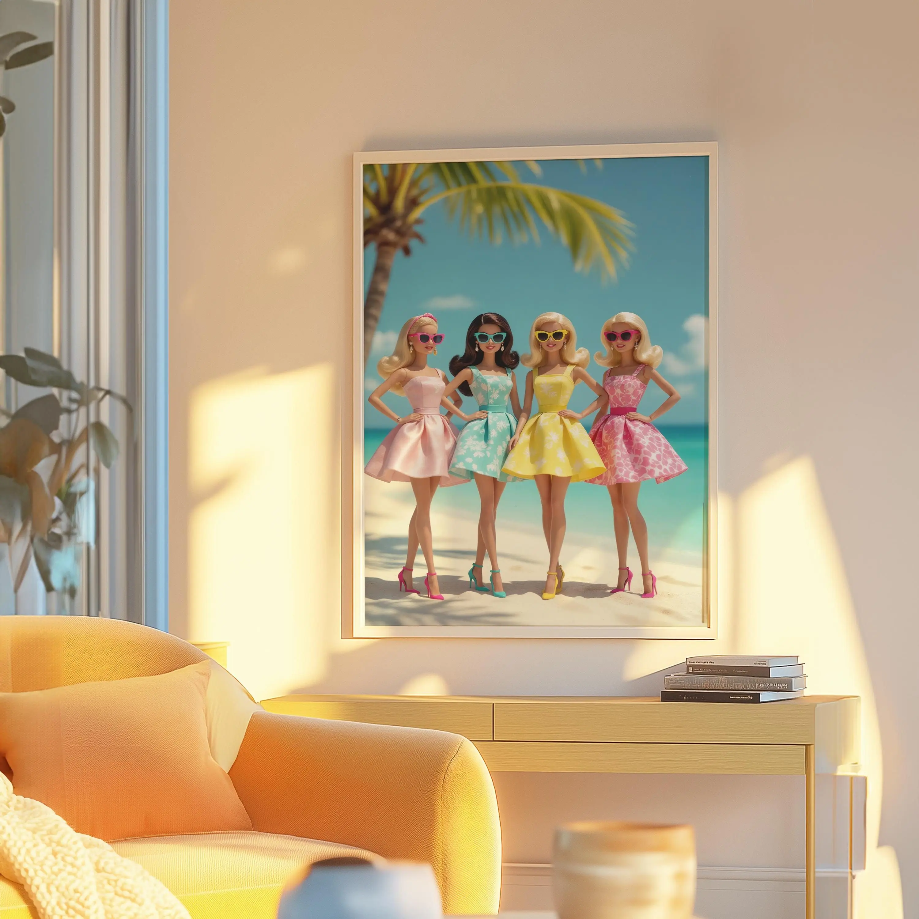 [SALE UP TO 40%] [Unframed] Babe Dolls in Pastels on the Beach Matte Vertical Poster Art Print - Maximalist Wall Art, Modern Home Decor, Preppy Aesthetic, Coastal Chic