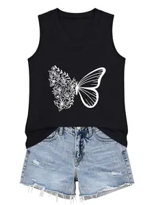 Butterfly Graphic  Printed Women's V-Neck Sleeveless Top, Casual Fitted Short Shirt, Comfortable Fabric for Daily Wear, Available in 6 Colors, Graphic Tank Tops