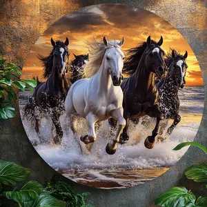 Vintage Galloping Equines Round Wall Art, Sunset Background Home Office Holiday Decor Poster Print