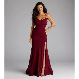 Cesca Corset Slit Mesh Formal Dress