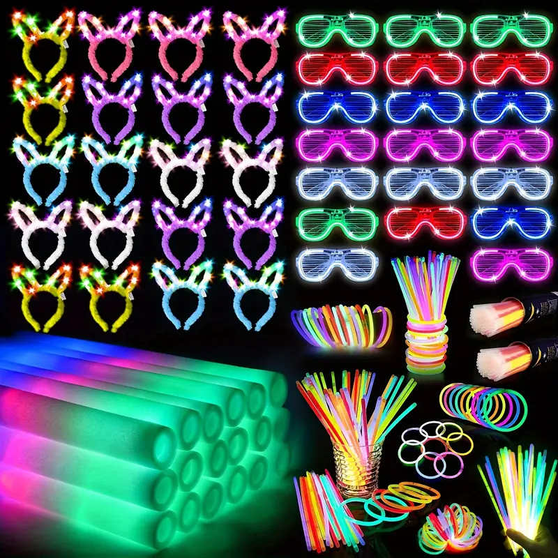260-Piece Light-Up Festive Party Supplies Set - Bulk Glow Sticks (200pcs), Foam Glow Sticks, LED Glasses, Bunny Earbands (20pcs each) - Party Event Props for Birthday & Halloween
