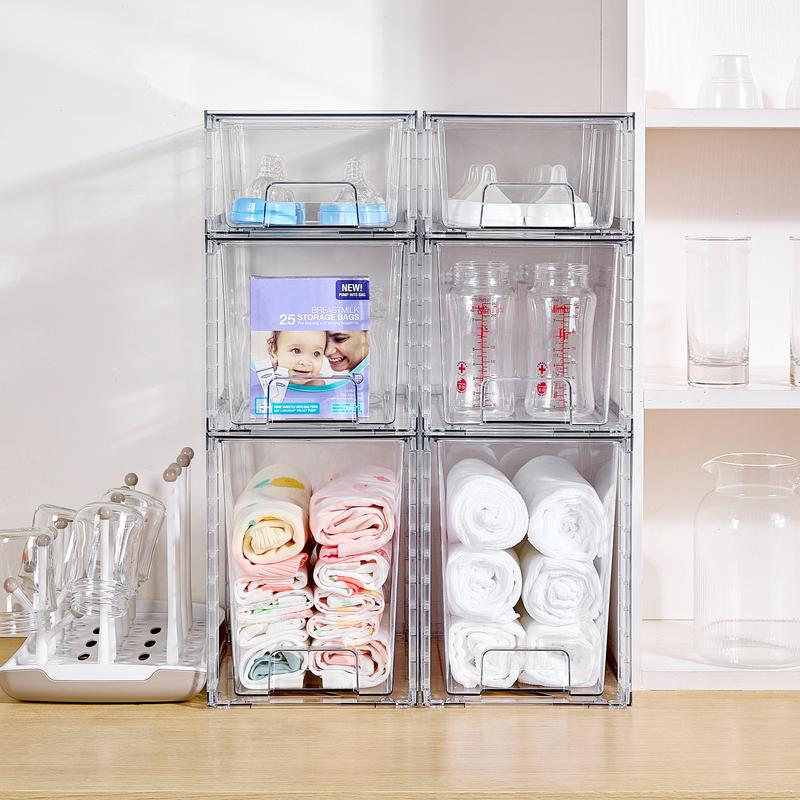 【New Year Hauls】VTOPMART 6 Pack Stackable Clear Drawer Organizer for Organizering Nursing Bottles,Candy,Snacks,Makeup,Cosmetics,Tampons,Medicines,Pantry,Under Sink,Closet,Bathroom, with Free Stickers