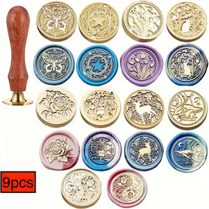 9 cartoon wax seal seal set cute Elegant Design seal wax seal with handle, suitable for Christmas wedding party envelope gift packaging decoration.