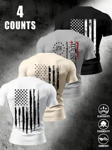 4-Pack Men's American Flag Print Tight Fit Short Sleeve T-Shirts, High Stretch Breathable Summer Patriotic Workout Tops