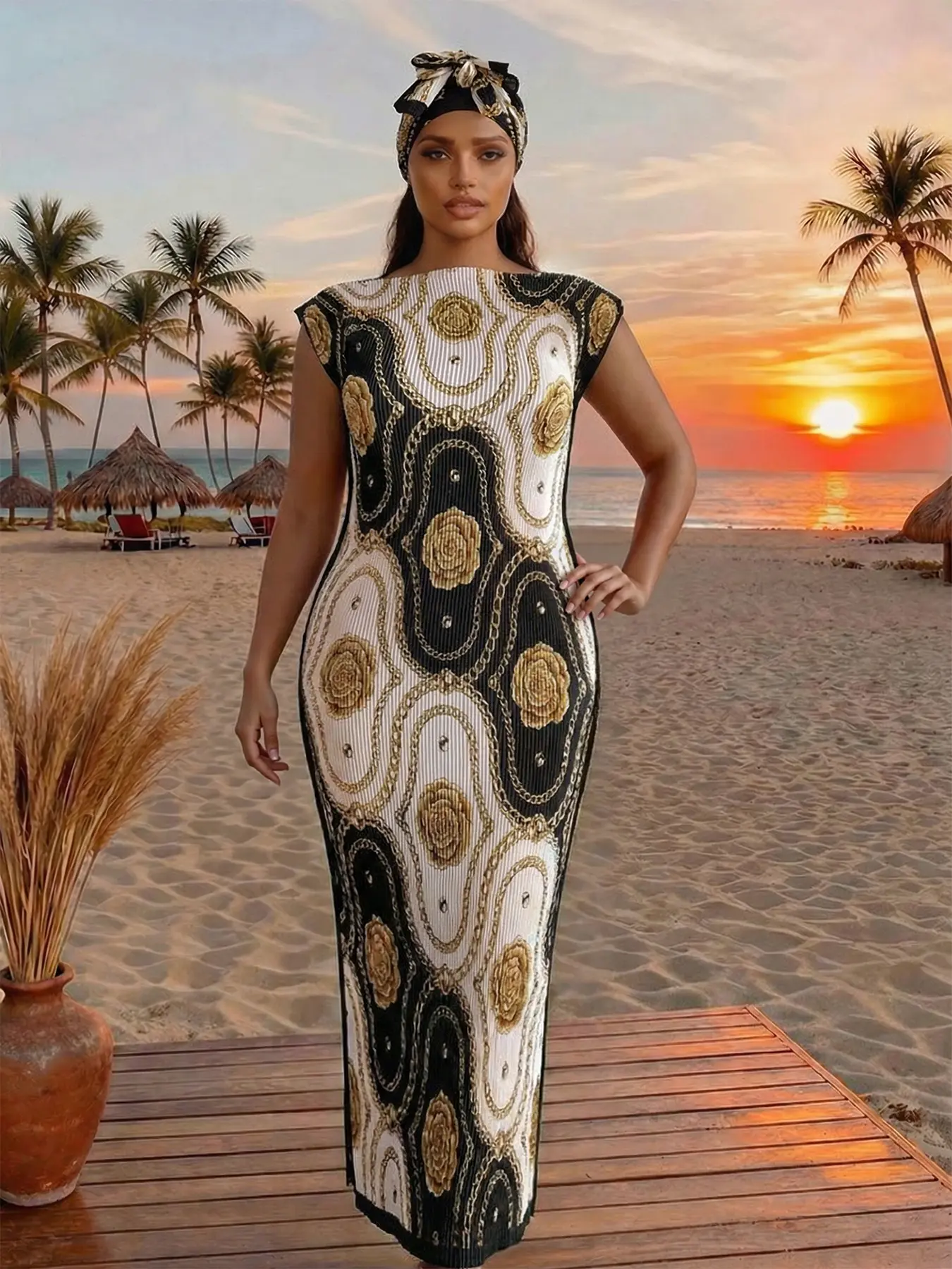 Women's Elegant Chain Design & Floral Pattern Set, Faux Silk Geometric Printed Slim Fit Long Sleeveless Dress Robe Shawl + Scarf, Beach Sun Protection Satin Wrap, Casual Wear, Beach Resort Wear