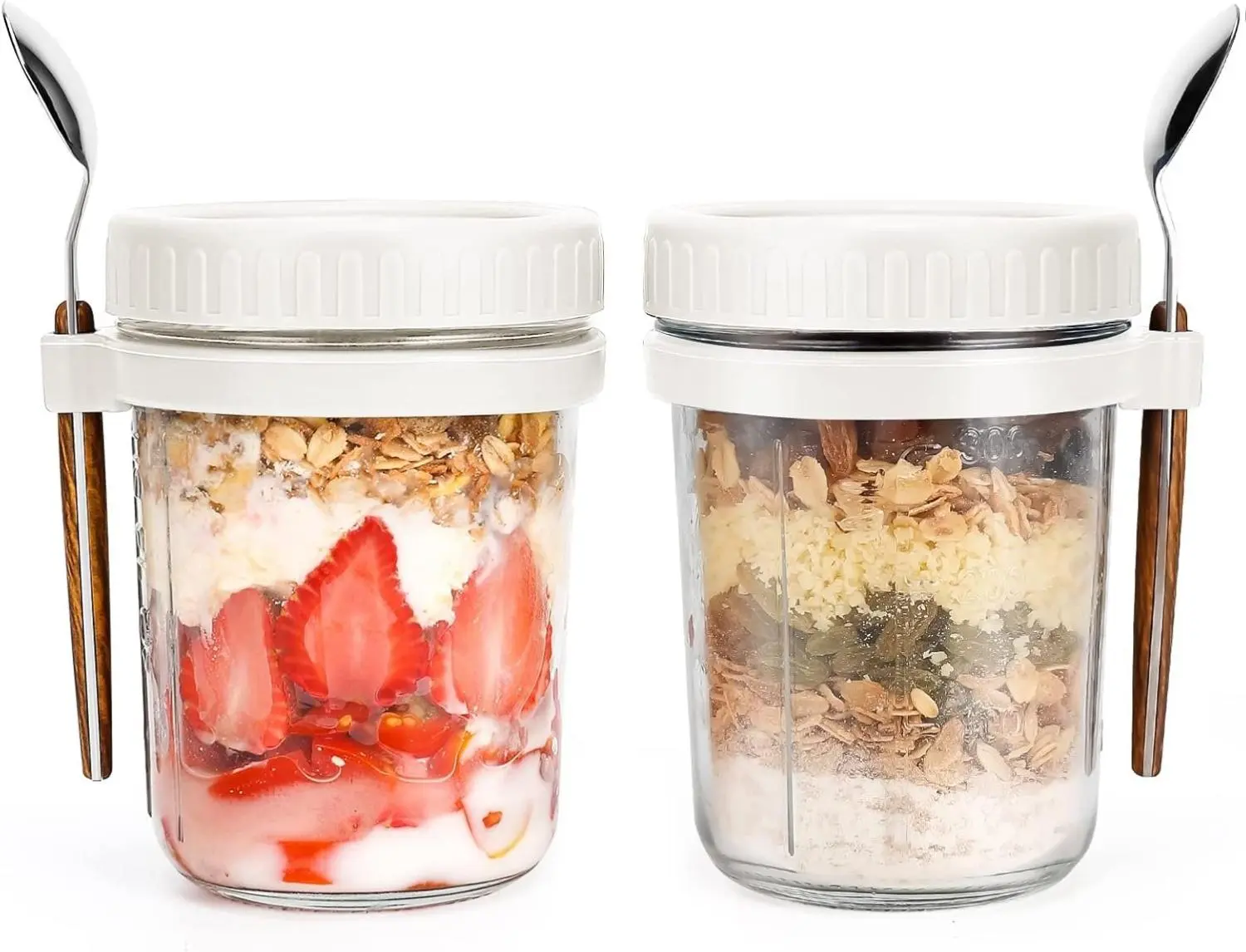 Overnight Oats Jars with Spoon and Lid 16 oz [2 Pack], Airtight Oatmeal Container with Measurement Marks, Mason Jars with Lid for Cereal On The Go Container (2pcs white)