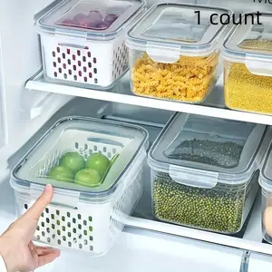 Clear Food Storage Box, Double Layer Freshness Container with Drain Basket & Lid, Multipurpose Fridge Organizer for Home Kitchen, Refrigerator Storage