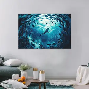 1pc,Dramatic Shark & School of Fish Underwater Ocean Canvas Wall Art - Captivating Deep Blue Marine Life Print for Living Room, Office, Bedroom Decor