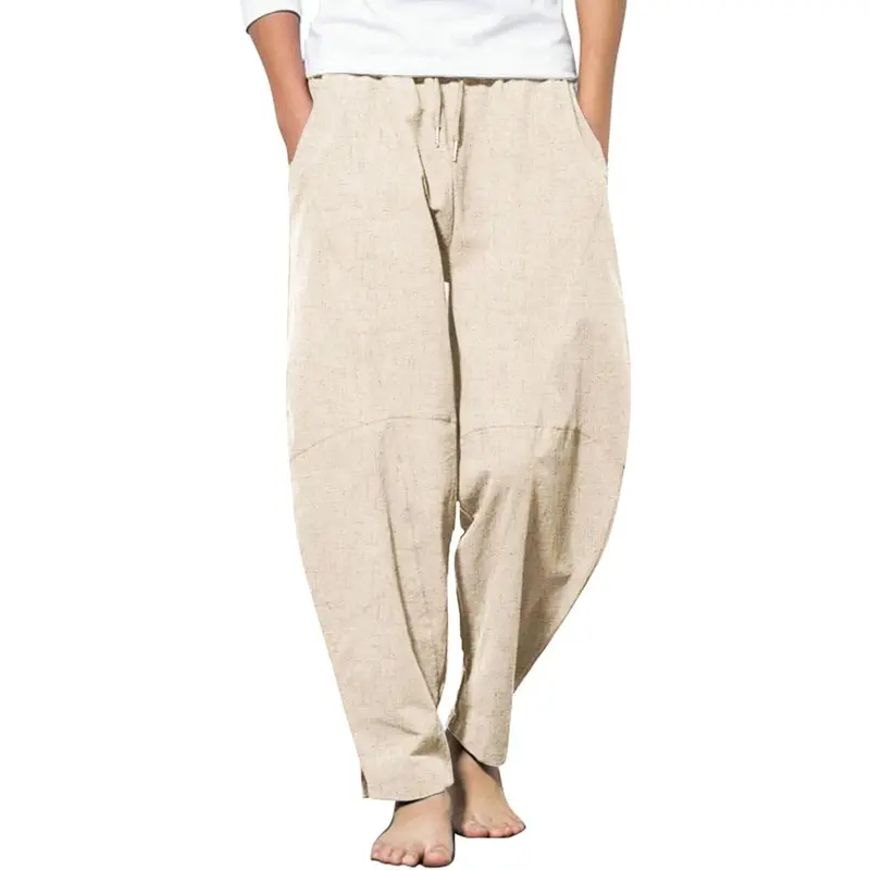 COOFANDY Men's Cotton Linen Harem Pants Casual Loose Hippie Yoga Beach Pants with pockets Menswear Baggy Elastic Fabric Patchwork Soft Stretchy Stylish Stretchy Stylish Trouser Wide Leg Beige Plain