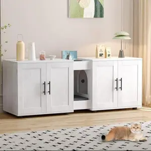 GARVEE Double Room Litter Box Enclosure: Stylish Wooden Cat House for 2 Cats with Storage Groove & Odor-Reducing Mat, 55"L x 17.7"W x 22.5"H in Elegant Walnut or White Finish