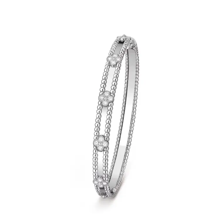 Pre-owned Van Cleef & Arpels Perlée sweet clovers bracelet, 18K white gold, round diamonds, full set