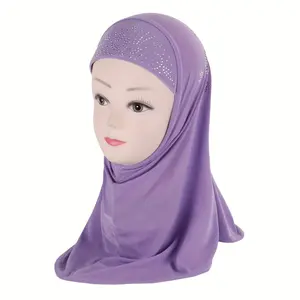 Elegant Floral Hot-Stamped Diamond Girls Hijab, Polyester & Spandex 100%, Breathable Fitted Turban Hat for Ramadan, Machine Washable, Knitted Craftsmanship, Occasion Theme