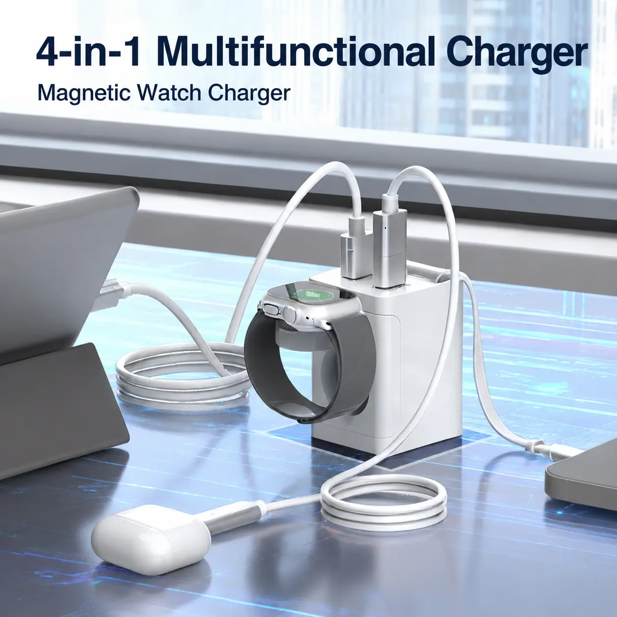 Ceesooi 4 in 1 Wall Charger Adapter Foldable Plug, 33W Retractable Chargers, Wireless Magnetic Watch Charger With USB C + USB A Port for iPhone 17 16 15 iPad Samsung