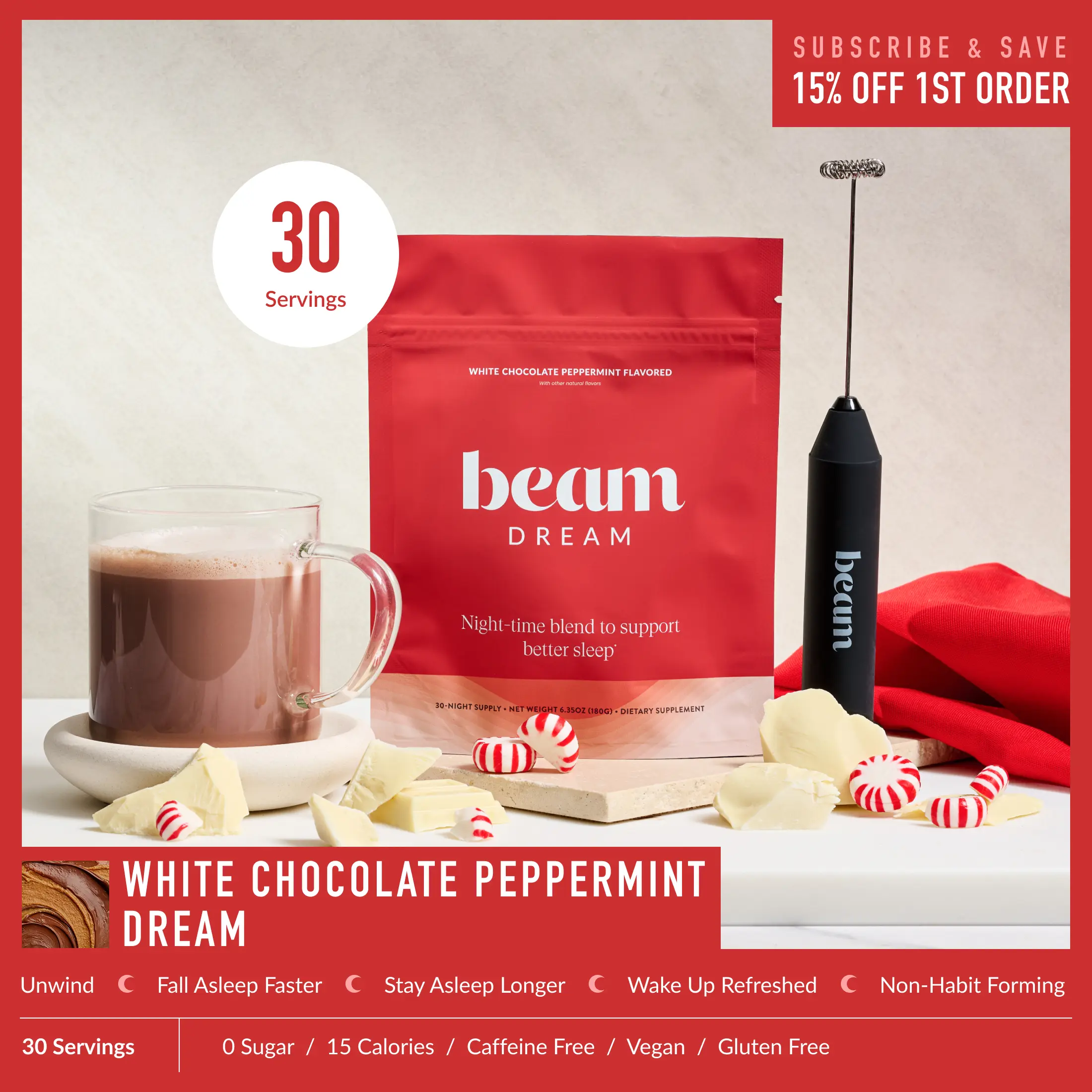 Beam Dream Nighttime Milk Alternative Powder Drink Mix - 30 Servings, White Chocolate Peppermint Flavor, Clean Label Natural Blend Supplement Stack for Adult Better Sleep, Magnesium, L-Theanine, Apigenin, Melatonin, Vegan, Gluten-Free | Summer  Sale