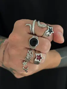 Men's Punk Style Silver Color Snake Ring Set, Statement Multi Ring, 6 Piece Vintage Jewelry Gift Box, All Season Party Daily Wear Accessories