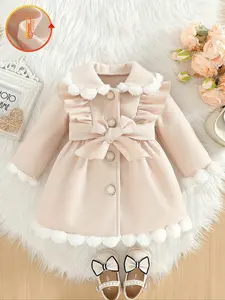 Girl's coat, creamy fur ball princess coat, gentle light pink wrapped in soft white fluffy balls, pleated neckline+large bow at waist, Valentine's Day gift, baby girl's birthday gift, girl's clothing, Baby Girl Clothes