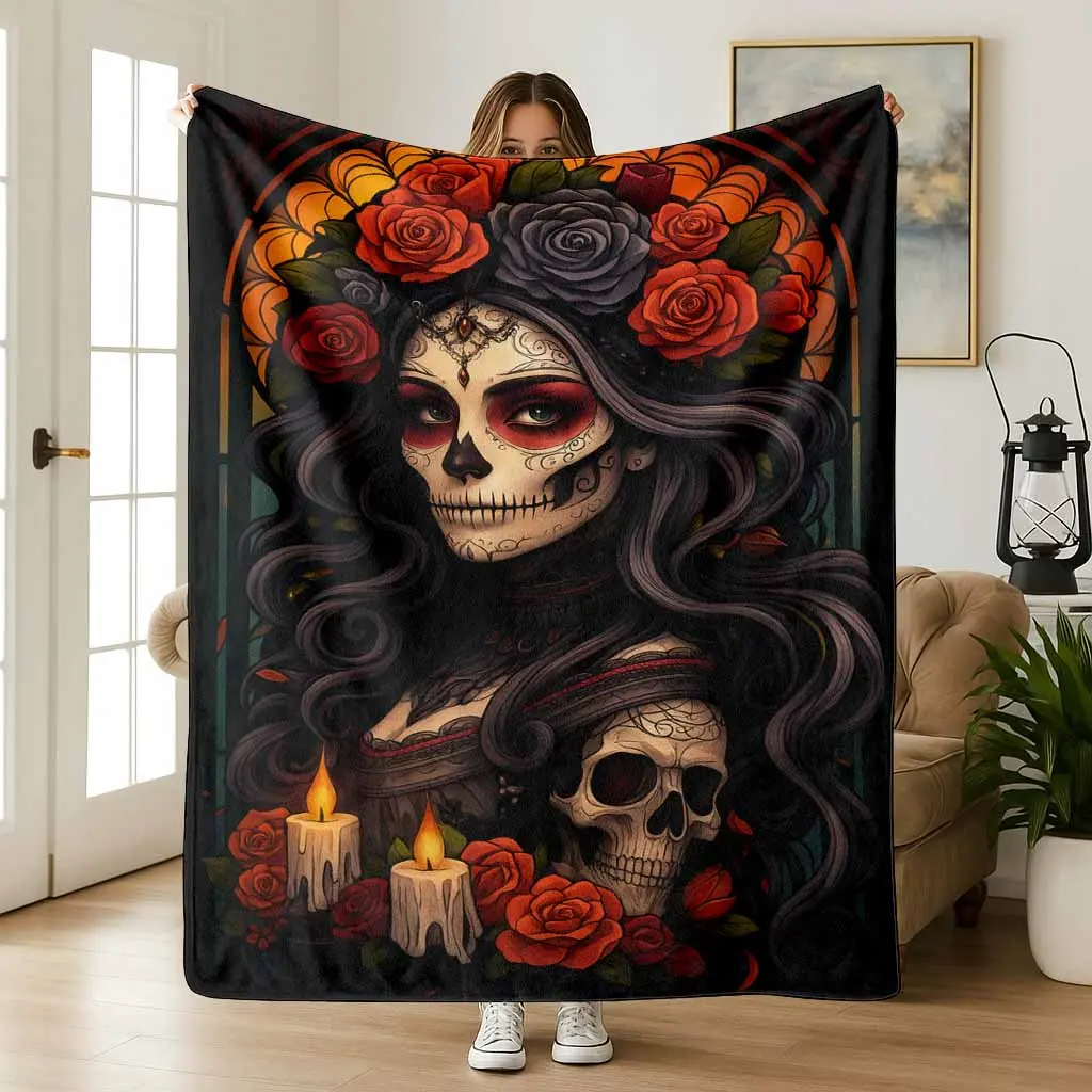 Dia de los Muertos Printed Flannel Blanket Throw - Sugar Skull Floral Print, Breathable Soft, Fuzzy, Lightweight Warm, Durable Anti-Pilling Decorative Blanket for Living Room Sofa, Halloween Altar Decor, Breathable Soft Blanket, Printed Blanket