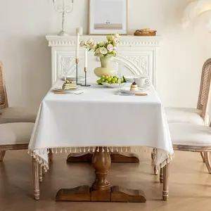 1 Pack Heavy Duty  Tablecloth Soft Wrinkle Resistant Fabric with Decorative Tassles Fringe for Kitchen Dining Table,  White, 55x102 Inch