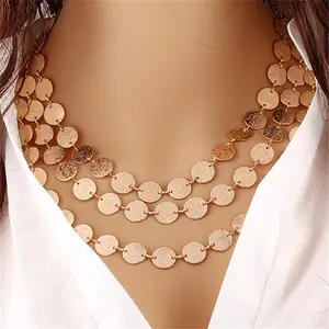 Statement Multi-Layer Choker Necklace Round Charm - Sequins Coin