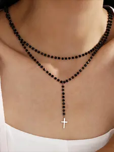 Vintage Beaded Double Layer Cross Pendant Necklace, Simple Gothic Style Women's Party Vacation Personalized Jewelry, Trendy Jewelry