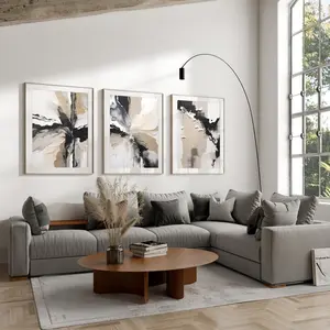 Set of 3 Geometric Abstract Art, Black Neutral Beige, Living Room Wall Art Poster Prints Home Decor Unframe