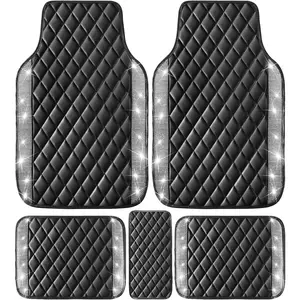 Bling Leather Car Floor Mats Full Set, Sparkly Diamond Car Mats Universal Fit Most Automotive, Glitter Rhinestone Carpet Waterproof Anti-Slip, 5 pcs Set (Black Leather Silver Diamond)