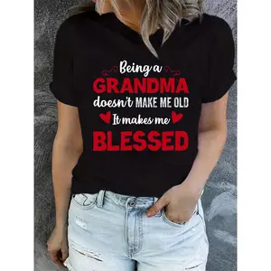 Women's Cotton T-Shirt - Short-Sleeve Crew Neck Casual Lady Top with Geometric Blessing Grandma Print, Women's Clothes Suitable for Spring, Summer Wear