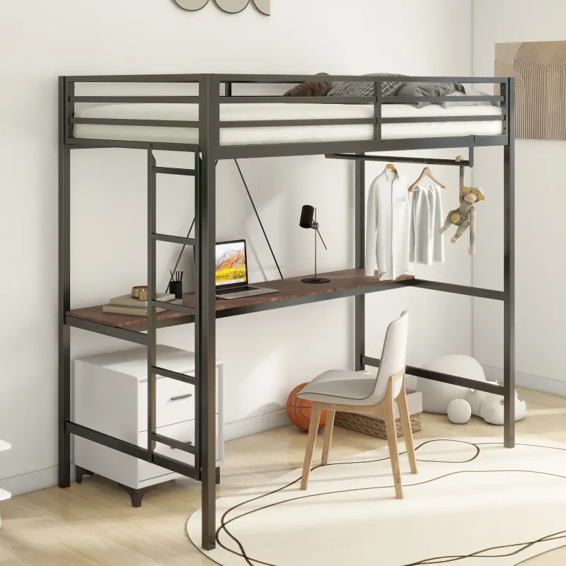 Adam Sturdy Twin Loft Bed Black with Cinnamon Wood Desk and Closet Rod for Adult and Loft Bed with Easy Climbing Ladder and Guardrails Loft Bed Frame for Bedroom Space Saving
