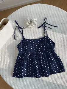 Polka Dot Short Tank Top, Cute Feminine Summer Lightweight Sleeveless Blouse, Fine Strap Halter Vest, Casual Women's Clothing, Spaghetti Strap, Womenswear