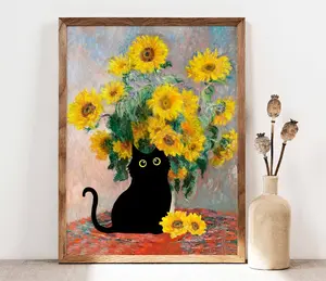 Claude Monet Sunflowers Cat Print, Monet Cat Poster, Black Cat Art, Floral Wall Print, Whimsical Cat Decor, Funny Cat Lover Gift, Cat Artwork for Living Room