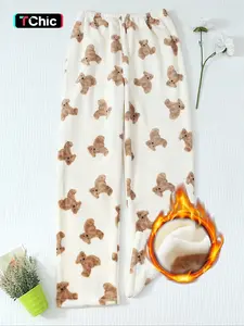 Women's Winter Cute Plush Animal Bear Print Soft Comfortable Fitted Flannel Pajama Pants, Cozy Fleece Lined Sleepwear Loungewear for Ladies