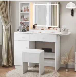 35" Vanity Desk with Mirror, LED Light, Power Outlet, Makeup Vanity with Storage Cabinet and Foldable Panel, Vanity Set with Cushioned Stool