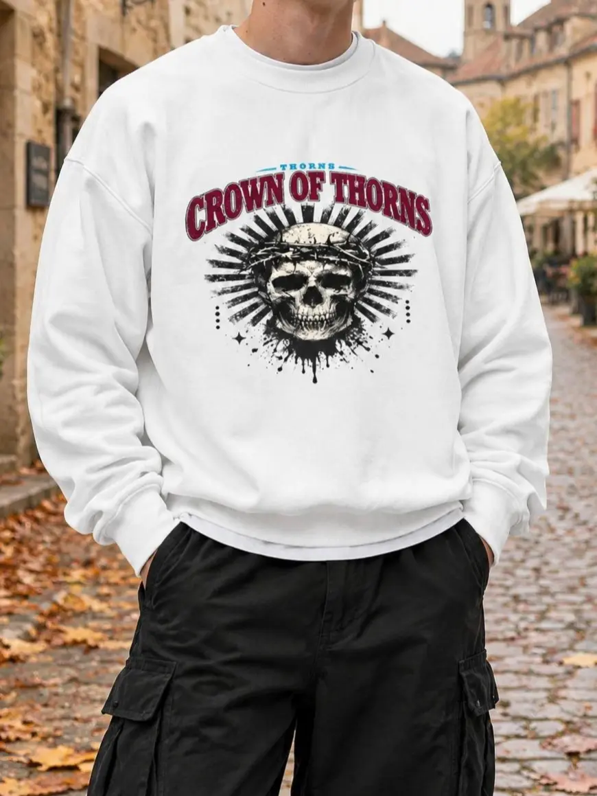 Men's Loose Fit Crew Neck Sweatshirt - Poly-Cotton Fabric, Vintage Graphic Detail, Casual Fall & Winter Daily Outfit, S-3XL Retro Western Hoodie with Red White Blue Color Scheme men's hoodies Prayer-Themed Graphic men's hoodies Menswear Fashion