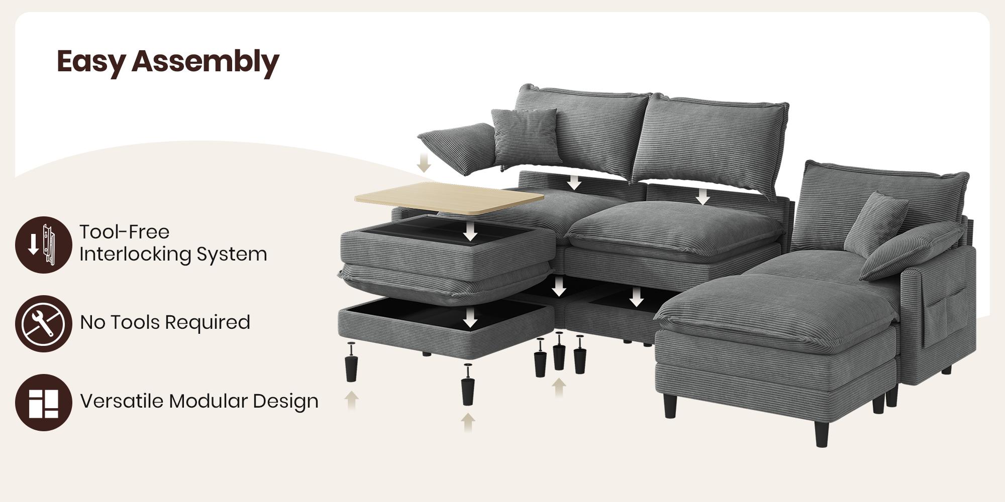 [2-3 Packages Shipping] Copiae 108" -143.7” L/U-Shaped Modular Cloud Sofa, Movable Dual-Function Ottomans Convertible to Coffee Table, Corduroy Sectional Couch with Three-Layer High-Resilience Foam Cushions, Easy Assembly for Apartment